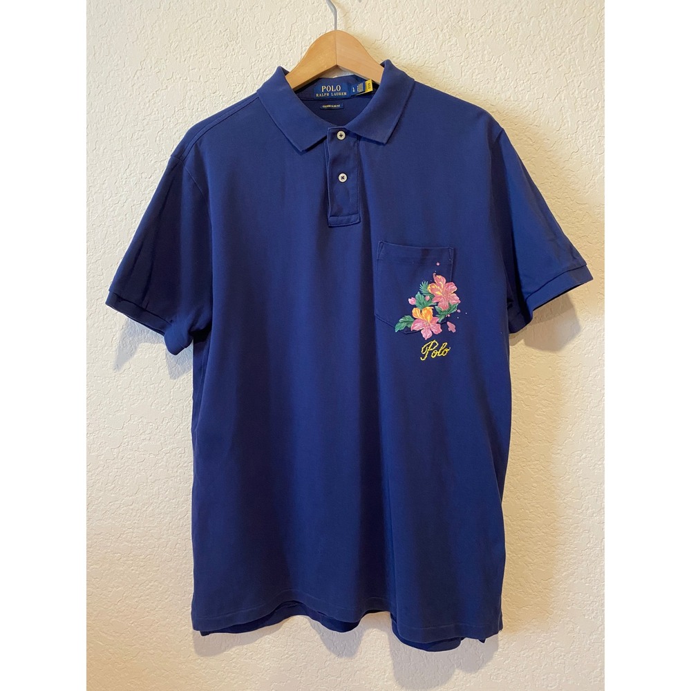 Polo Ralph Lauren Hawaiian Polo Shirt Large Blue Hibiscus Floral Custom Slim Fit